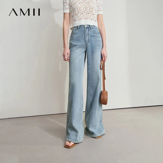 Women’s Blue Wide Leg Denim Jeans – Low Waist Loose Casual Trousers