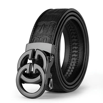 Black leather belt with a silver buckle on a white background