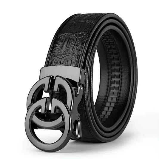 Black leather belt with a silver buckle on a white background