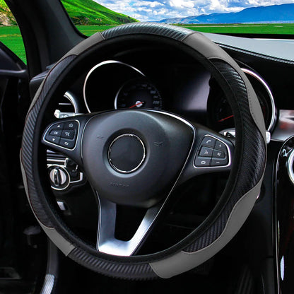 PU Carbon Fiber Leather Steering Wheel Cover 14.5–15 Inch Car Accessory