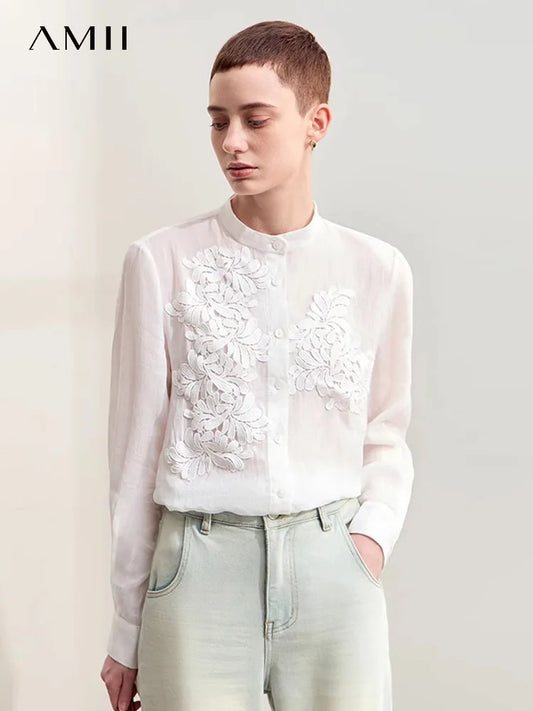 Women’s Autumn Stand Collar Lace Shirt – Elegant Shell Button Blouse
