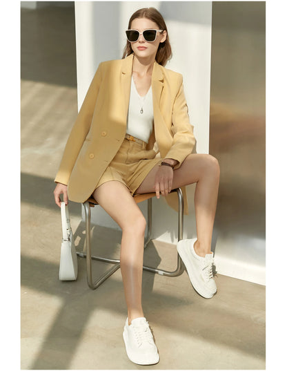 Women’s Office Blazer Set – Lace V-Neck Top & High Waist Pants