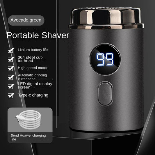 Black portable shaver with digital display on a dark background