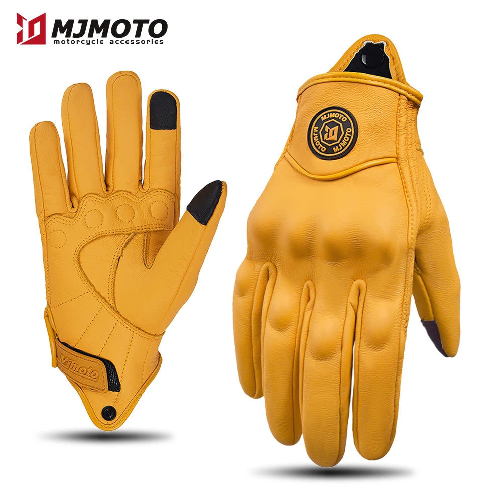 Retro Yellow Leather Motorcycle Gloves for Men & Women