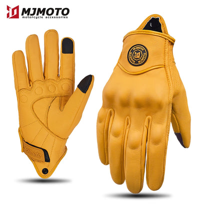 Retro Yellow Leather Motorcycle Gloves for Men & Women