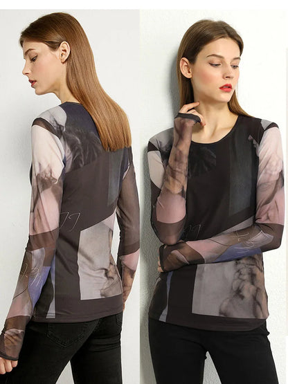 Women’s Long Sleeve Mesh Print T-Shirt – Slim Trendy Spring Top