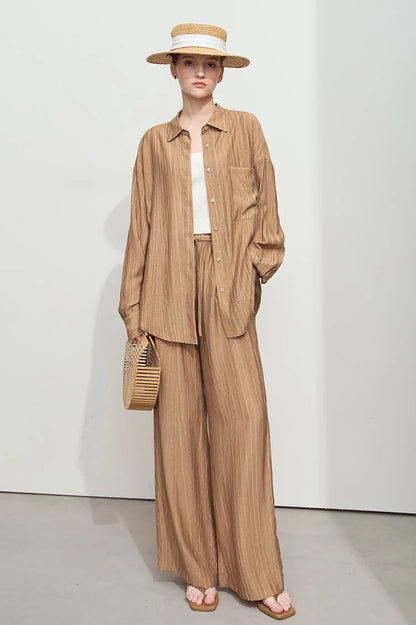 Women’s Casual Shirt & Wide Leg Pants – Spring Basic Separate Set