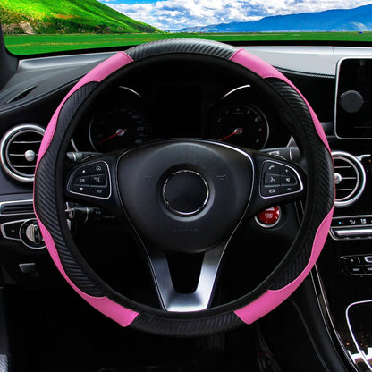 PU Carbon Fiber Leather Steering Wheel Cover 14.5–15 Inch Car Accessory
