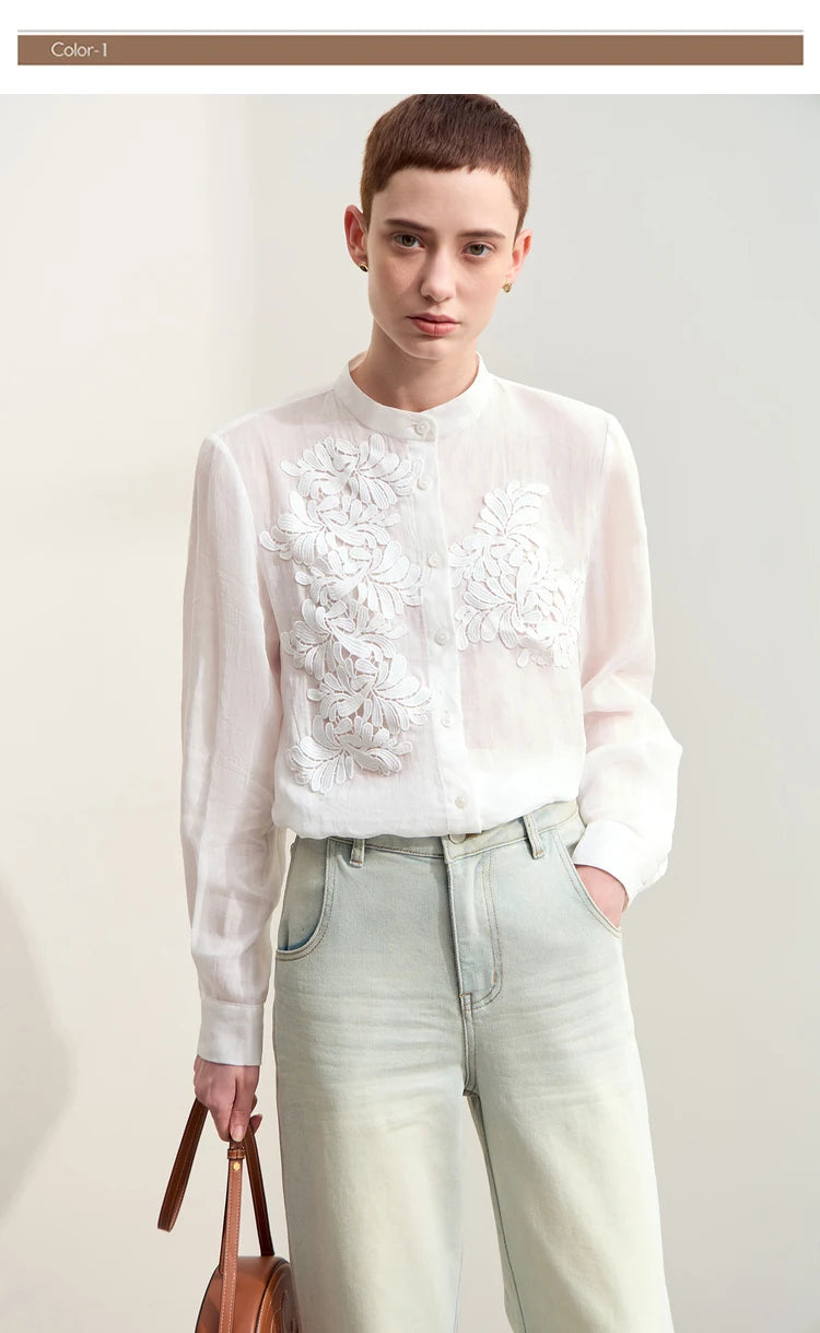 Women’s Autumn Stand Collar Lace Shirt – Elegant Shell Button Blouse