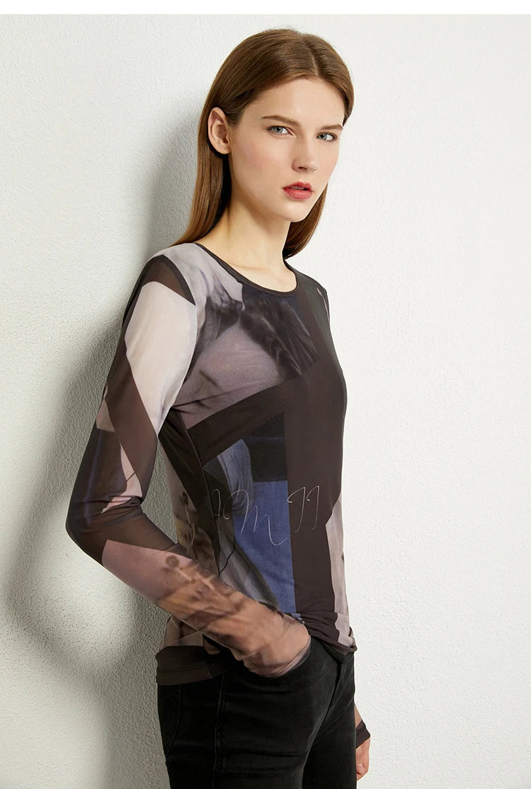 Women’s Long Sleeve Mesh Print T-Shirt – Slim Trendy Spring Top
