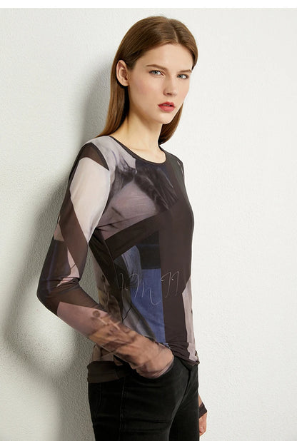 Women’s Long Sleeve Mesh Print T-Shirt – Slim Trendy Spring Top