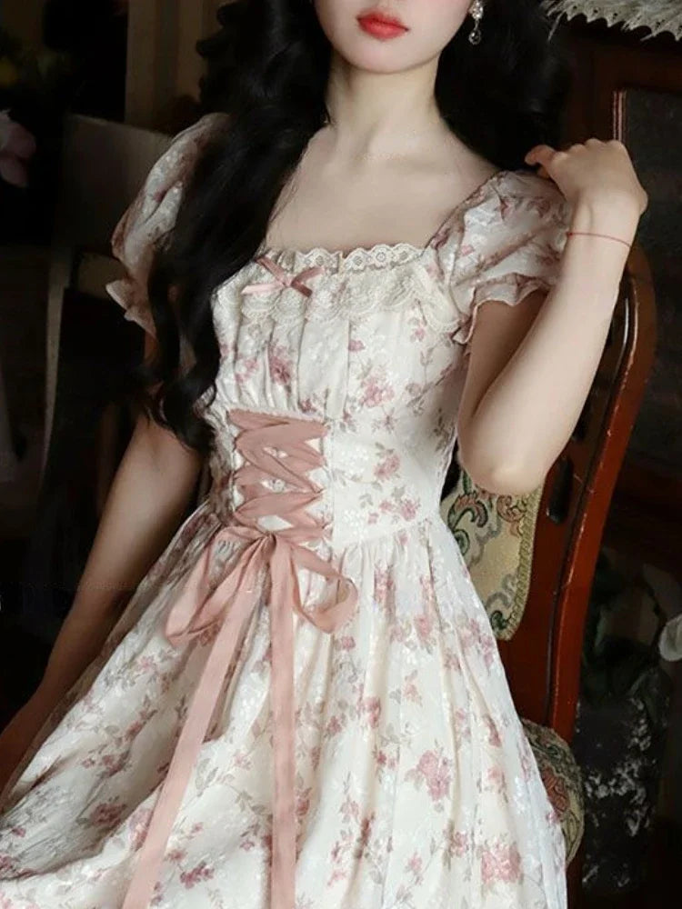 Women’s Summer Lace Fairy Dress – Square Collar Floral Princess Dress