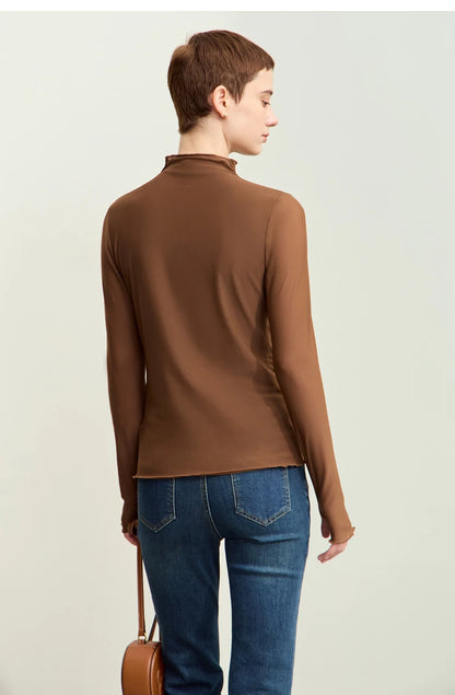 Women’s Mesh Half-High Neck Slim T-Shirt – Retro Office Spring Top