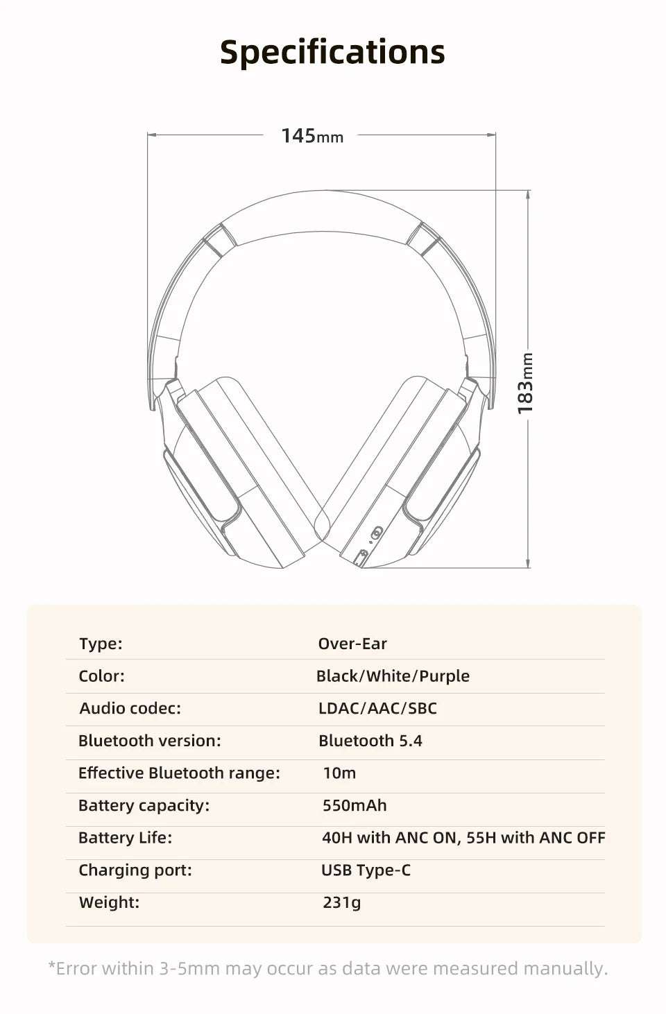 Wireless ANC Headphones – 50dB Noise Canceling, Bluetooth 5.4
