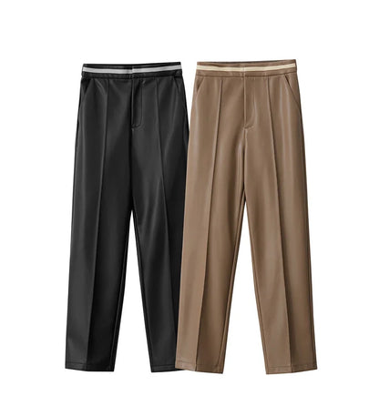 Women’s PU Leather Casual Pants – Loose Straight Floor-Length Trousers