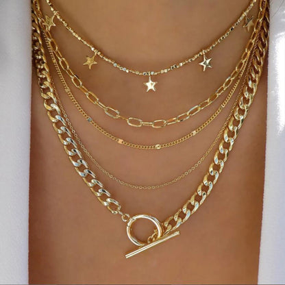 Layered Gold Tone Necklace Set – 5pcs Braided & Beaded Chains