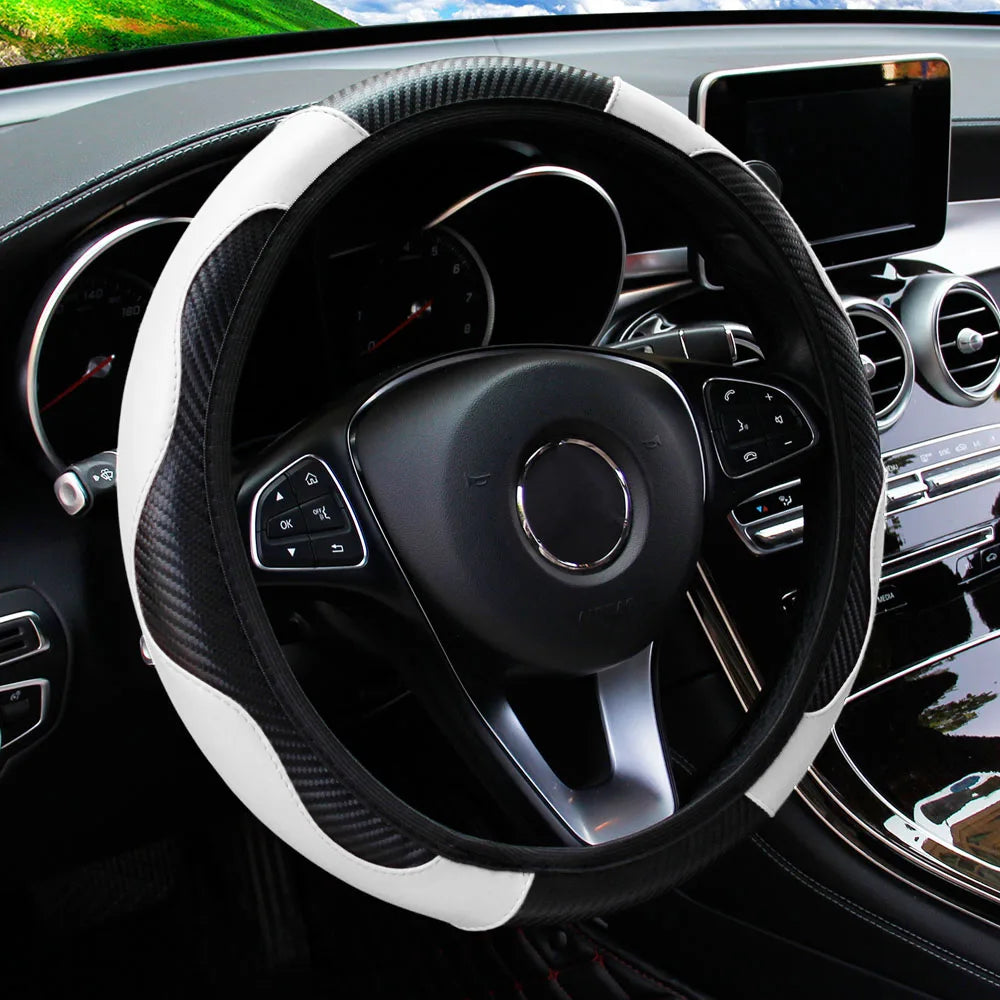PU Carbon Fiber Leather Steering Wheel Cover 14.5–15 Inch Car Accessory
