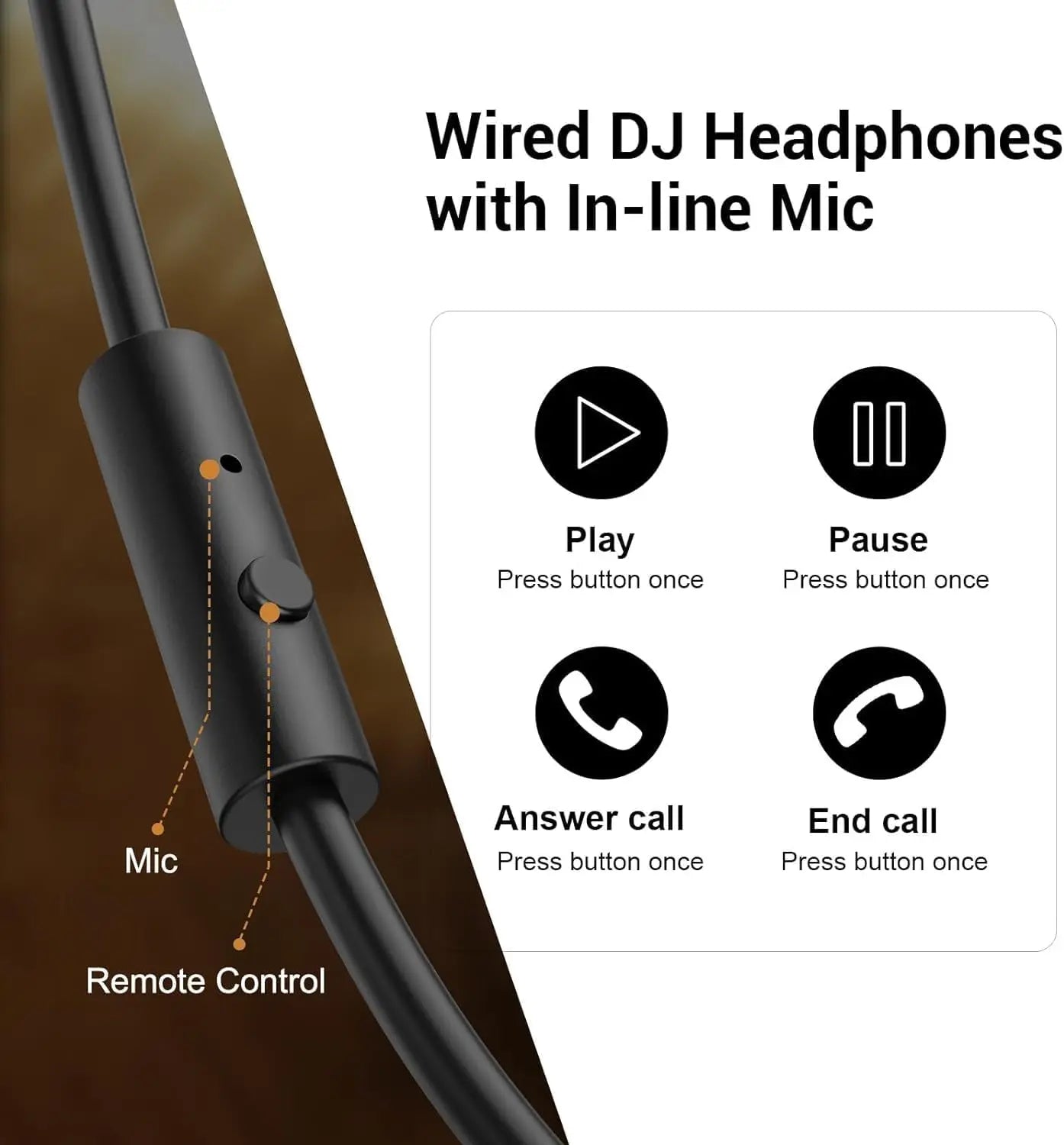 Professional Wired DJ Headphones – Over Ear with Mic & Hi-Res Audio