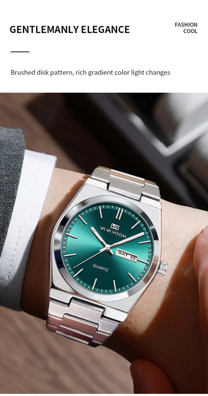 Men’s Stainless Steel 40mm Quartz Watch – Double Calendar & Waterproof