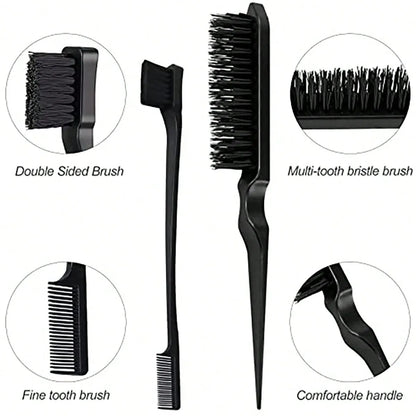 3pcs Hair Styling Comb Set – Edge Brush, Rat Tail & Detangling Tool