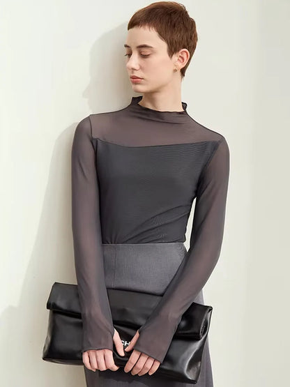 Women’s Mesh Half-High Neck Slim T-Shirt – Retro Office Spring Top