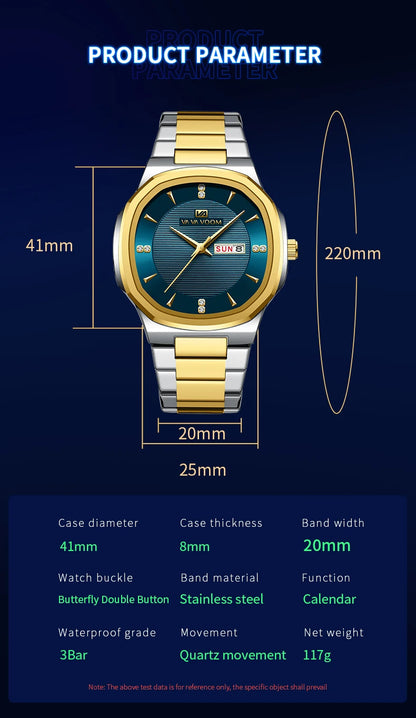 Luxury Diamond Men’s Watch – Stainless Steel Dual Date & Week Display