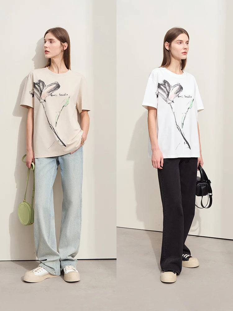 Women’s Summer Ink Art Print T-Shirt – Loose O-Neck Cotton Tee
