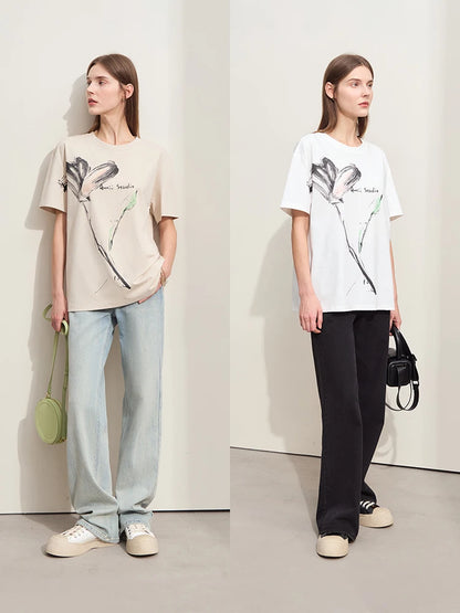 Women’s Summer Ink Art Print T-Shirt – Loose O-Neck Cotton Tee