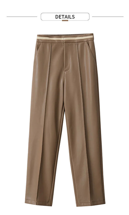 Women’s PU Leather Casual Pants – Loose Straight Floor-Length Trousers