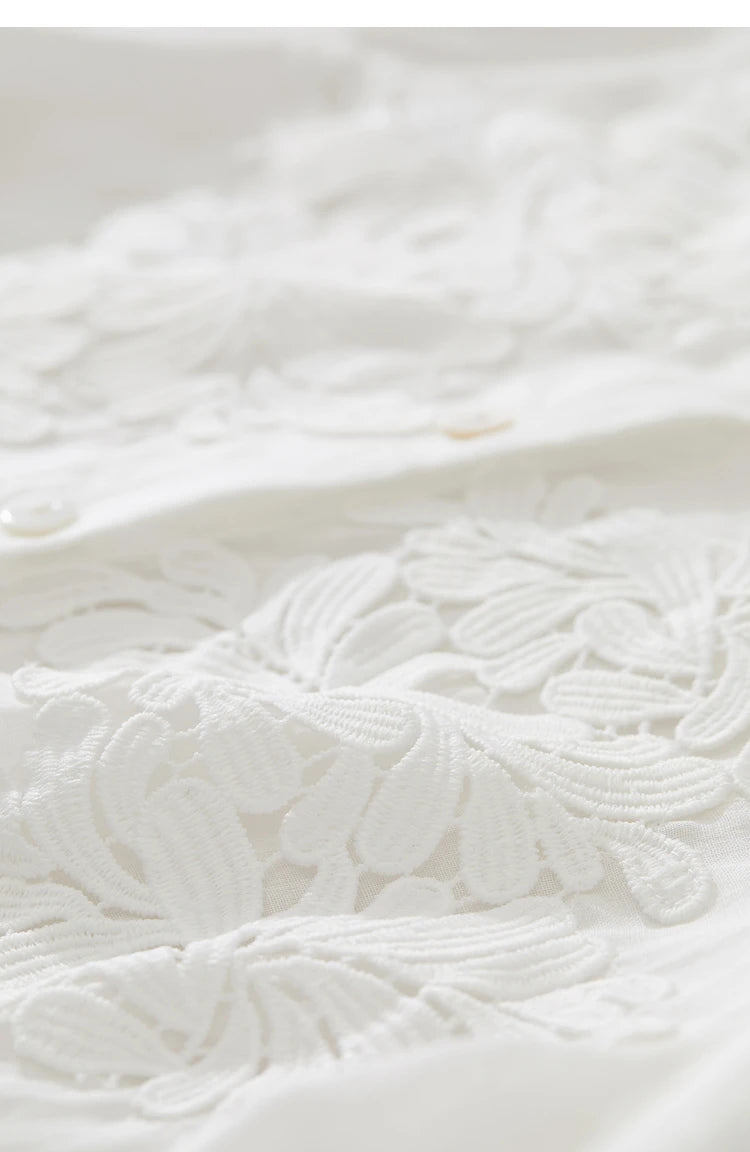 Women’s Autumn Stand Collar Lace Shirt – Elegant Shell Button Blouse