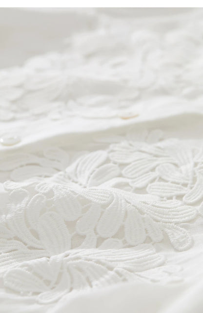 Women’s Autumn Stand Collar Lace Shirt – Elegant Shell Button Blouse