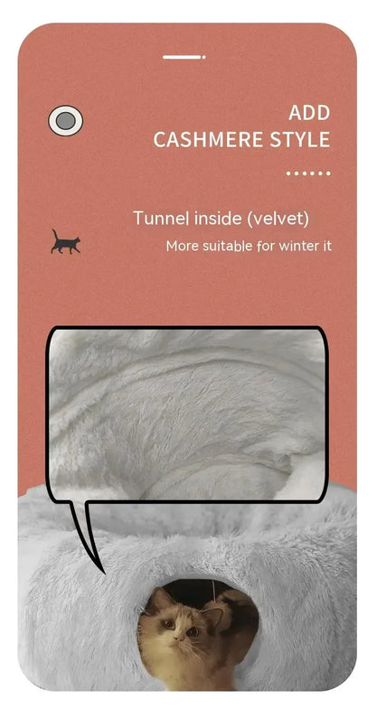 Plush Donut Cat Bed with Tunnel & Peephole – Indoor Fluffy Hideout