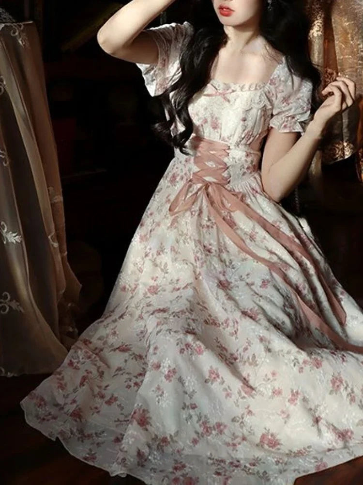 Women’s Summer Lace Fairy Dress – Square Collar Floral Princess Dress