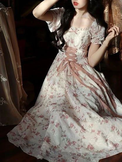 Women’s Summer Lace Fairy Dress – Square Collar Floral Princess Dress