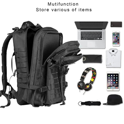 Ergonomic 45L tactical backpack with padded straps and breathable back
