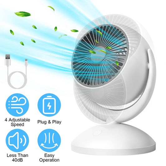 White desk fan with USB cable, features listed, and air blowing effect on a white background