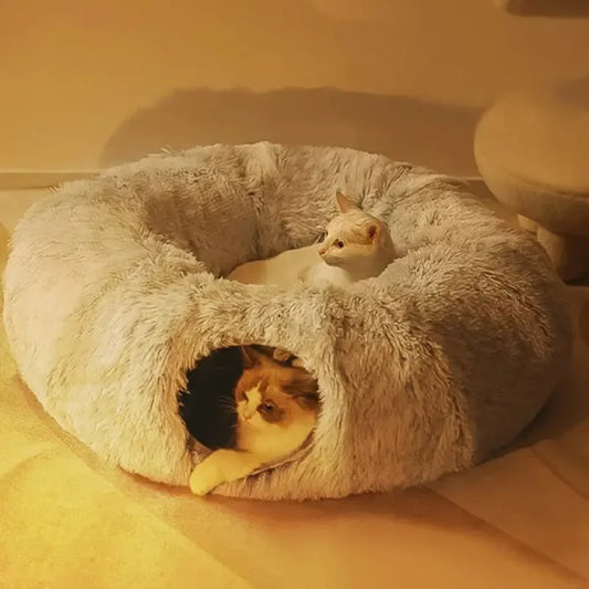  Cute cat playing inside the tunnel of fluffy donut-shaped cat bed
