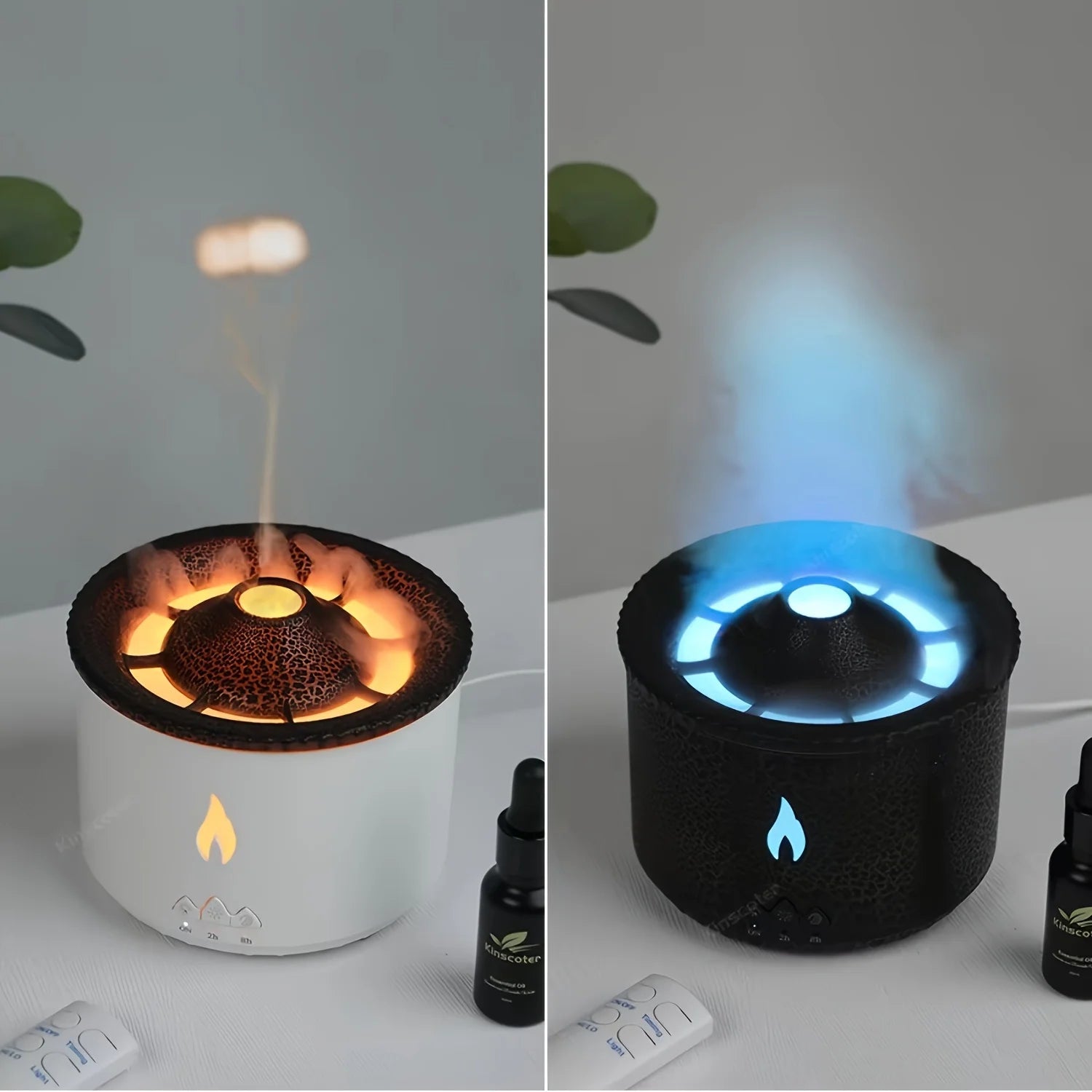 Portable humidifier with volcanic flame effect

