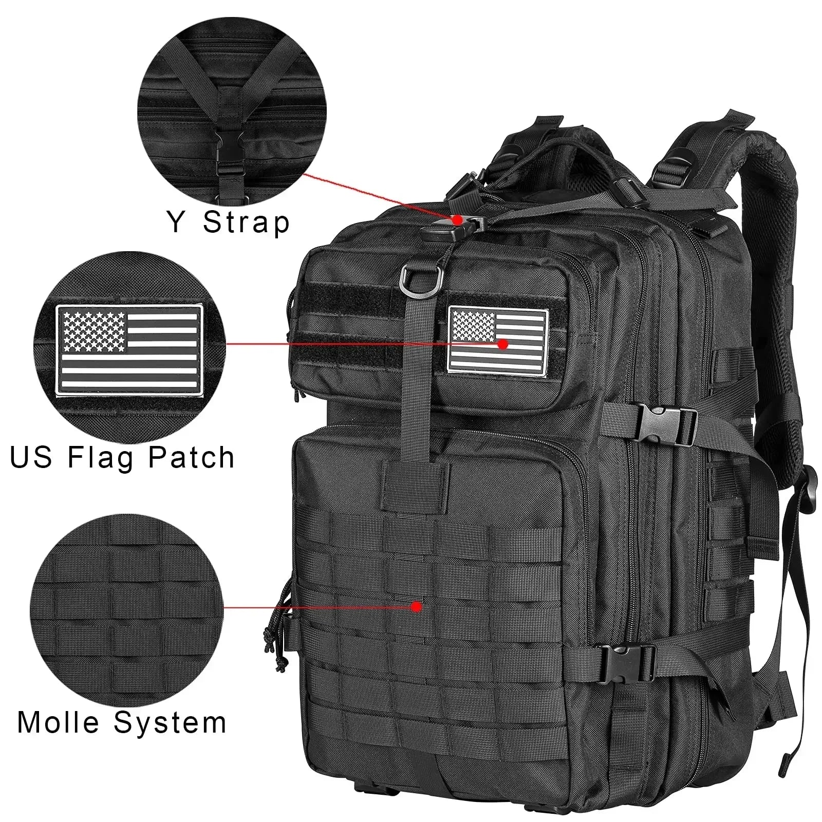 Tactical backpack with MOLLE webbing and reinforced stitching