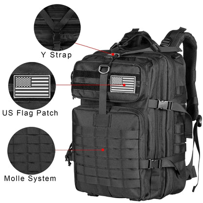 Tactical backpack with MOLLE webbing and reinforced stitching